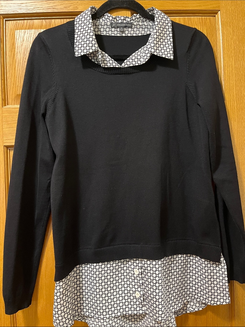 Adrianna Papell Black Pullover Sweater with Black & White Printed Shirt Detail